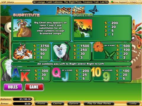 Jungle King Video Slot Game Payout Table